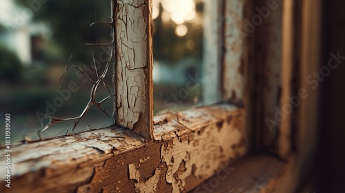 Broken glass and peeling paint on an old wooden window in abandoned building