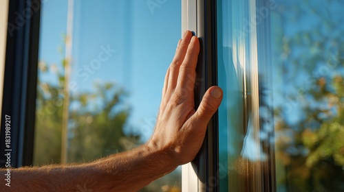 Hand touching newly installed energy-efficient double glazed window in home during sunset