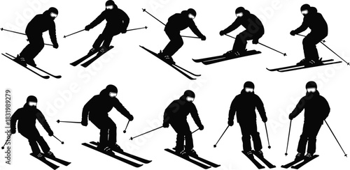 Silhouette Skiing Poses Collection  Dynamic Winter Sports Movements Featuring Skier Techniques, Gear, and Action Stances for Instructional Use
