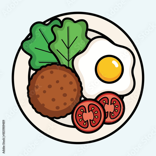 a meal with a patty, egg, tomato, and lettuce on a plate