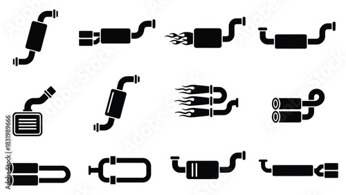 Exhaust system parts vector icons for car and truck muffler shop