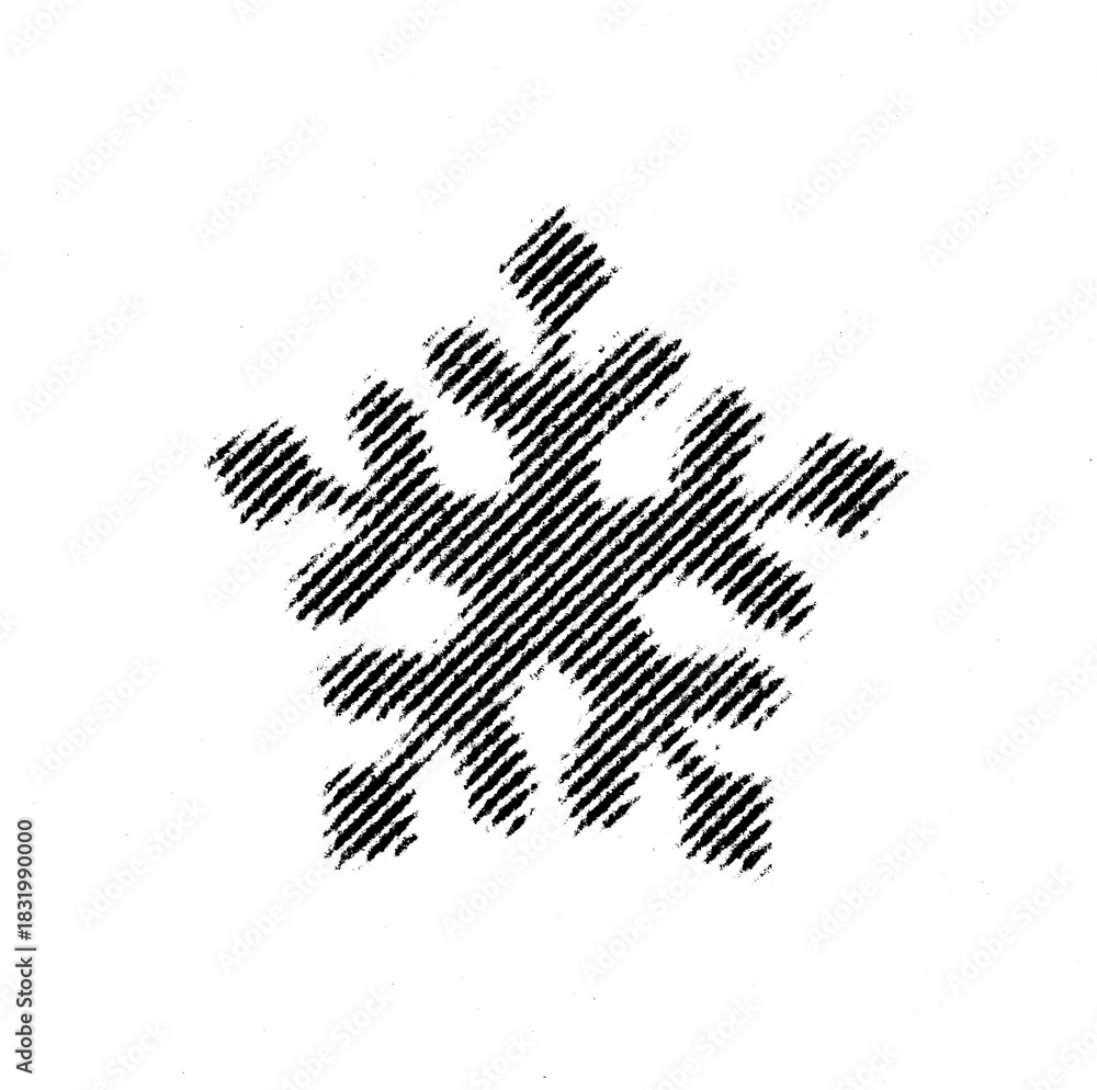 Obraz premium Macro halftone print of a stylized snowflake rendered with dense diagonal-line shading on a transparent background.