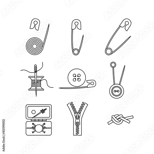Sewing and Crafting Tools Outline Icons: Needle, Thread, Safety Pins, Button, Zipper, and More Haberdashery Supplies