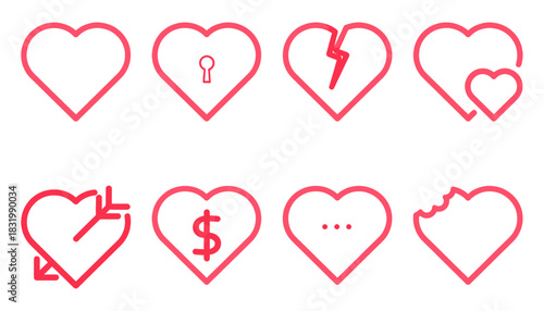 Set of Love, Emotion, and Relationship Line Icons: Valentine's Day and Feelings Collection Featuring Heart with Lock, Broken, Bitten, Money, Arrow, and Speech Bubble Symbols