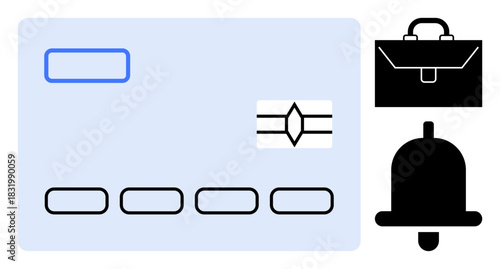 Bank card with a chip emphasizes transactions, briefcase reflects work or finance, bell shows notifications. Ideal for banking, payments, alerts, security, financial workflows, fintech simplicity