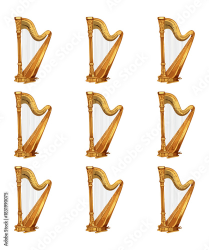 Golden harps arrayed against black background