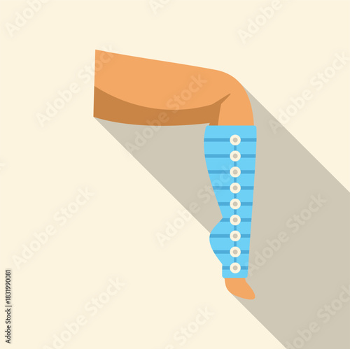 Human leg wearing a blue medical compression bandage for orthopedic recovery