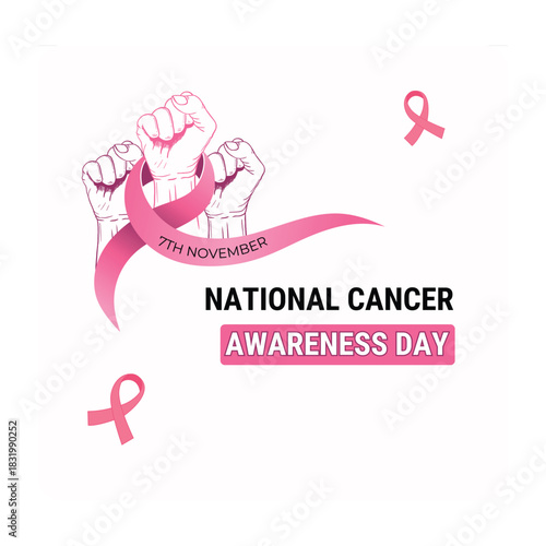 National Cancer Awareness Day design with ribbon and clenched fists illustration