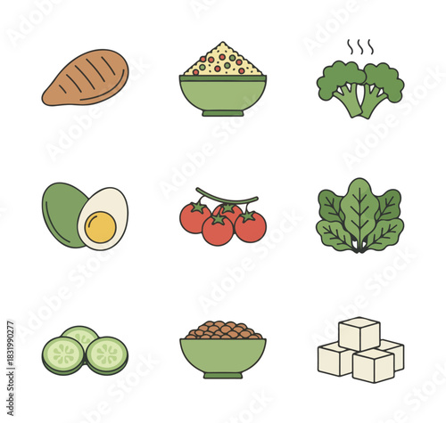 Healthy food icons chicken rice broccoli avocado tomatoes spinach cucumbers lentils tofu