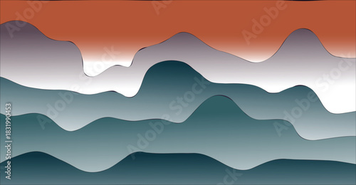 Abstract layered mountain range illustration with a gradient sky, showcasing depth and a serene landscape.