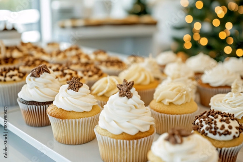 Large assortment of vanilla and chocolate christmas cupcakes with white frosting and star toppings, served on a white platter at a holiday event. Festive catering and party food concept