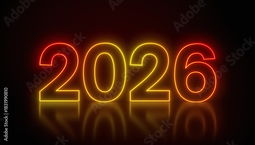 Illustration of abstract neon lights with the numbers 2026 in red and yellow over dark background on a reflective floor - represents the new year - vacation concept.