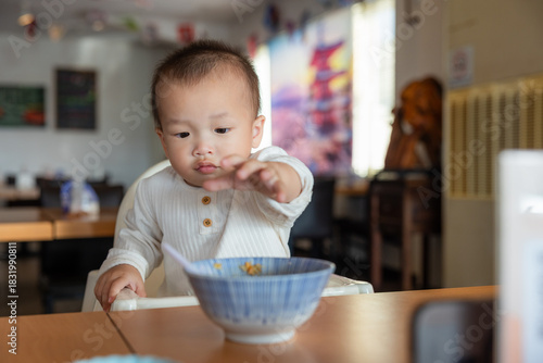 Baby trying to touch food bowl at home