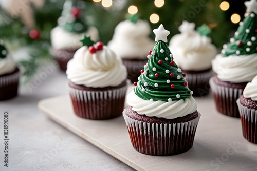 Chocolate christmas cupcake with white frosting, topped with a detailed green frosting tree and white star, on a light surface with bokeh background. Classic holiday treat concept