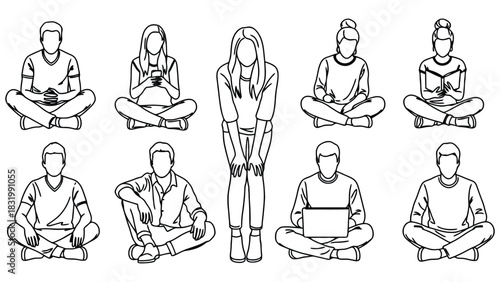 People sitting lotus position line art vector illustration