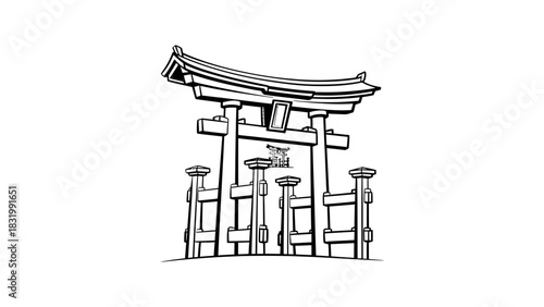 Black and white torii gate illustration japanese architecture