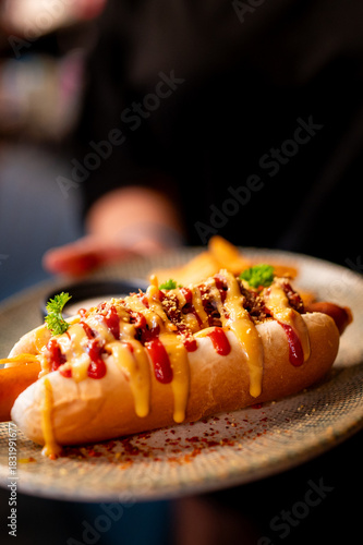 A gourmet hot dog loaded with chili, mustard, and ketchup, topped with sprinkles and a parsley garnish, served on a plate with fries in a shallow depth of field shot