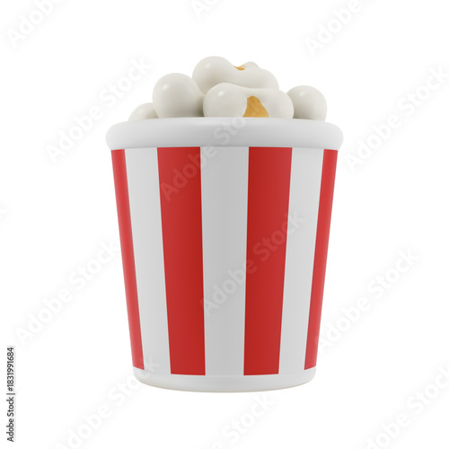 Cinema theater pop corn or movie snack popcorn. Vector in 3d style, isolated bucket with stripes. Eating food while watching film, entertainment and rest, crunchy meal with sweet or salty kernels