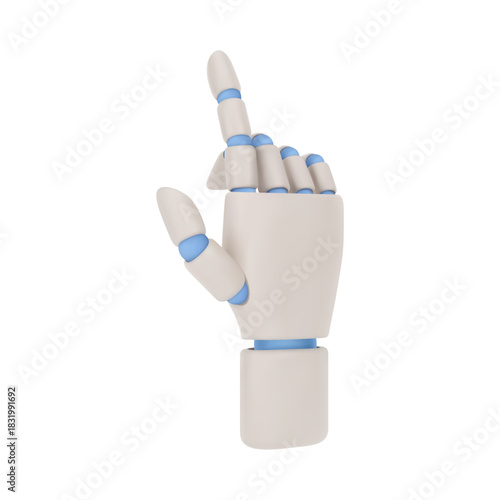 Gesturing robot hand, isolated bionic limb for human. Vector realistic arm of artificial bot, cyborg part with fingers and gestures. Raising finger to press, assistant or machine cyberspace