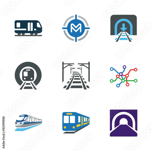 Transportation icons trains subway tracks and tunnels illustrations