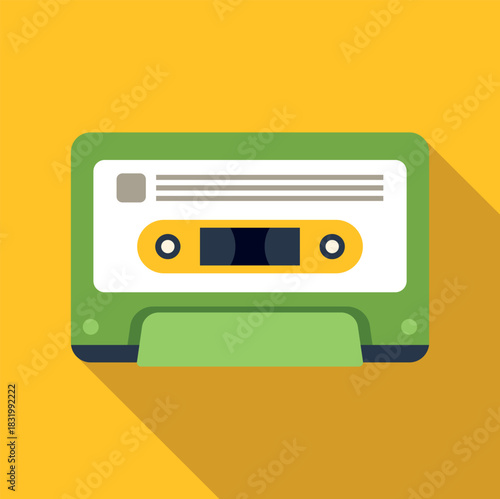 Green audio cassette tape flat icon with long shadow on yellow background