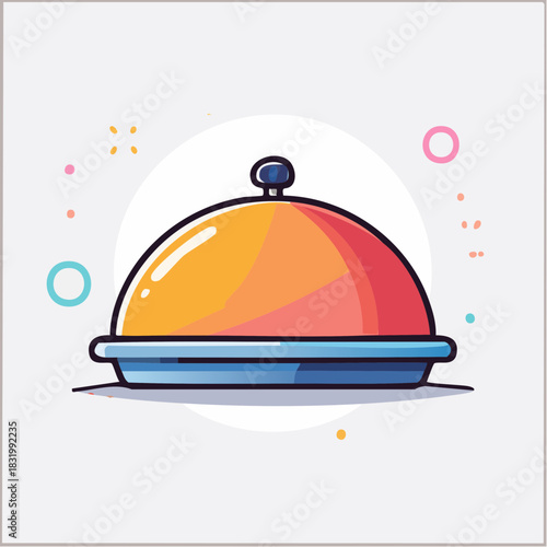 Food Serving Cloche With Blue Plate And Orange Top On White Background With Colorful Dots And Sparkles