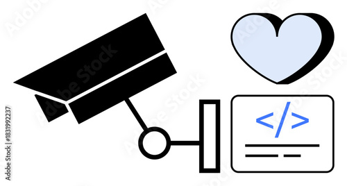 Surveillance camera facing a heart and code display with blue lines, symbolizing technology, ethics, and emotions. Ideal for privacy, security, love, coding, empathy ethical AI simple flat metaphor