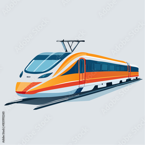 Sleek Orange And White High Speed Passenger Train On Tracks With Overhead Wires In Day Time Lighting