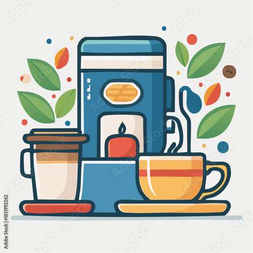 Modern Coffee Maker With Freshly Brewed Cup And Travel Mug Surrounded By Autumn Leaves And Coffee Beans In Bright Light