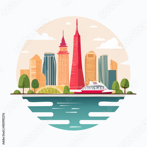 Modern City Skyline With Tall Buildings And A Boat On The Water Under A Cloudy Sky