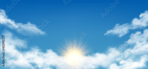 Cloudscape with sunshine, dusk or dawn. Vector realistic skyscape with clouds cumulus, fog or light mist. Clear day, shining sun scenery. Tranquil natural scene background, summer horizon