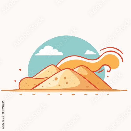 Stylized Illustration of Sandy Hills Under a Light Blue Sky with Clouds and Orange Swirls