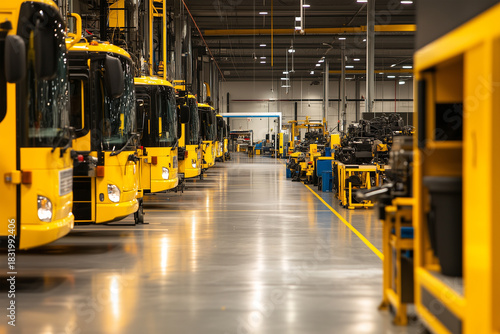 Industrial assembly line with yellow buses in a factory setting