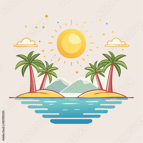 Vibrant Pixel Art Tropical Island Paradise With Palm Trees Under A Bright Sunny Sky And Calm Blue Ocean