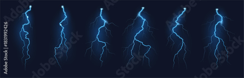 Thunderbolt with lights and energy discharge. Vector realistic set of bolts during rain or storm. Glowing lightning with dangerous voltage, burst or powerful force. Weather and nature design