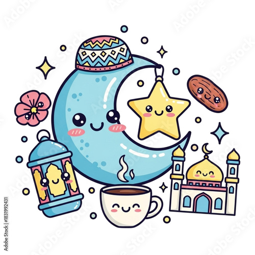 Celebrate Ramadan with this delightful illustration featuring a crescent moon, mosque, lantern, coffee, and star, perfect for holiday greetings and designs