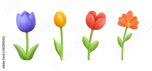 Volumetric flowers in blossom. Vector 3d style, isolated elegant flora in row. Tulip and gerbera, present for holiday. Plasticine craft of floral element. Botany and vegetation of summer or spring