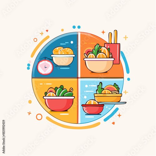 Healthy Meal Plan Divided Into Four Sections With Fresh Food Options And A Clock Symbolizing Diet Planning And Balanced Nutrition