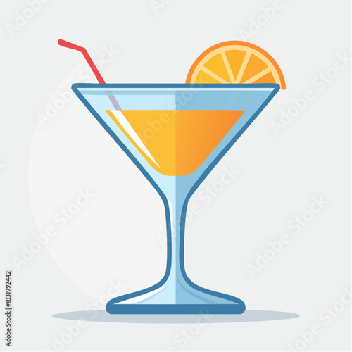A refreshing orange cocktail in a martini glass garnished with an orange slice and a red straw on a plain background with soft lighting