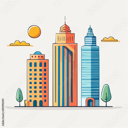 Modern Cityscape With Three Tall Buildings Orange Blue Yellow In Daylight With Sun And Clouds And Green Trees And Minimalist Style