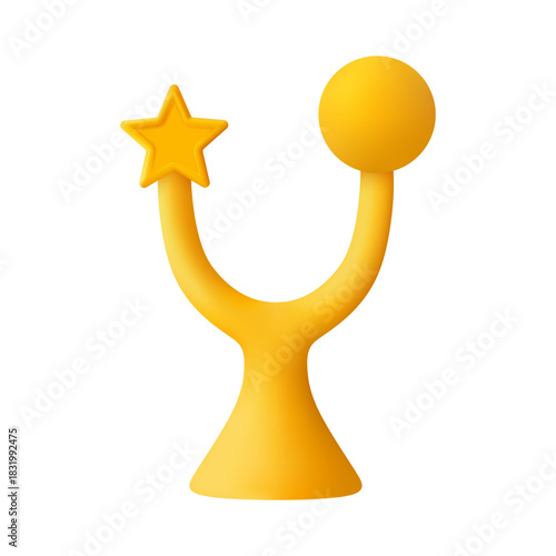 Sport tournament award, gold winner cup. Vector 3d icon of trophy with star and ball, Competition recognition present, golden statuette for victory or best performance at work or school