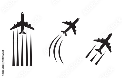 Set of three black silhouette airplanes in flight leaving contrails against a white background representing travel and aviation