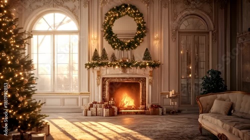 Wallpaper Mural Winter holiday celebration concept. Christmas New Year. A detailed, highresolution, 3D rendered interior scene of a grand, opulent room adorned for the holiday season. Torontodigital.ca