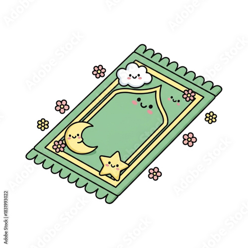 Adorable prayer mat with cute moon, star, cloud, and floral accents for children's room decor, Ramadan crafts, and Islamic educational materials