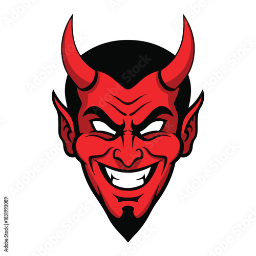 A menacing red devil face with sharp horns and a wicked grin symbolizing evil and temptation