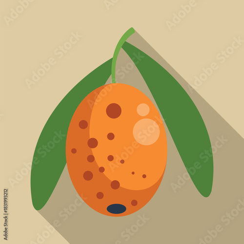 Orange sea buckthorn berry hanging on a branch with green leaves