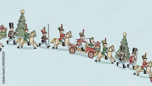 Vintage Toy Soldiers Parade with Christmas Tree Cart