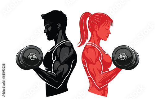 Silhouettes of a muscular man and woman holding dumbbells representing strength fitness and gender equality in exercise