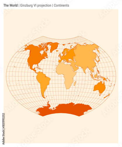 World Map. Ginzburg VI projection. Continents style. High Detail World map for infographics, education, reports, presentations. Vector illustration.