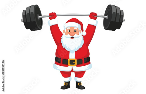 Muscular santa claus lifting heavy barbell weights overhead demonstrating strength and fitness during christmas holidays
